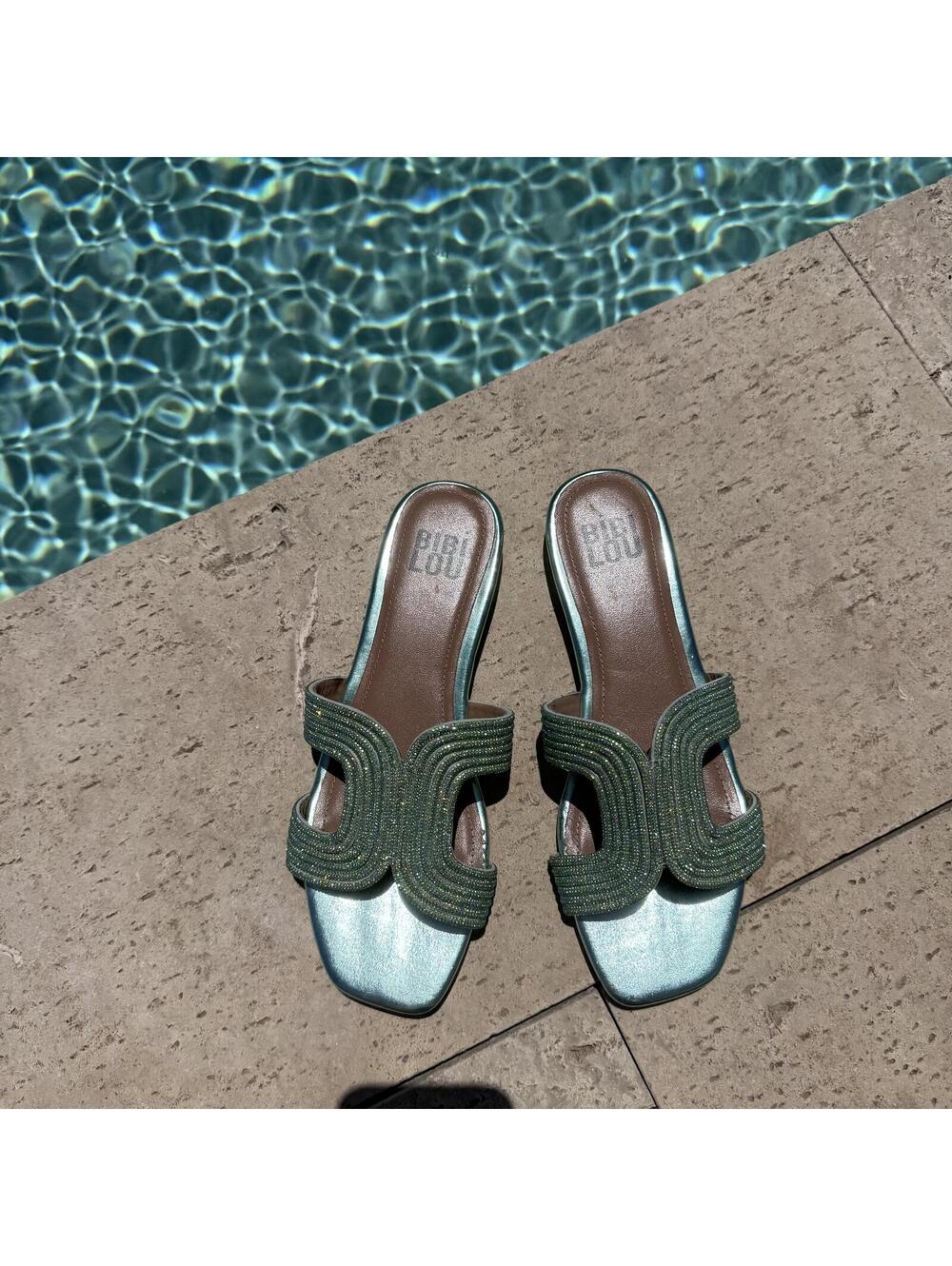 Anthropologie Bibi Lou Green Rhinestone Beaded Spongecake Slide Sandals Size 39